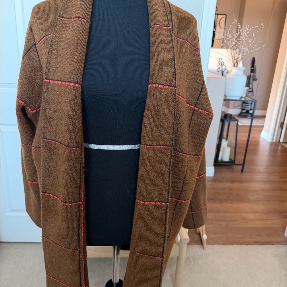Time and Tru Brown Cardigan with Red Accents